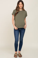 Olive Crew Neck Cuffed Short Sleeve Maternity Top