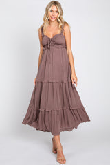 Mocha Ruffle Accent Maternity Midi Dress