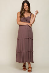 Mocha Ruffle Accent Maternity Midi Dress