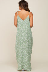 Light Olive Leaf Print Double V-Neck Maternity Maxi Dress