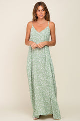 Light Olive Leaf Print Double V-Neck Maternity Maxi Dress