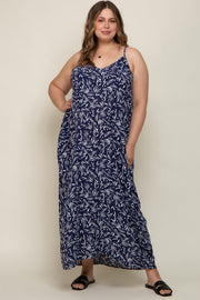 Navy Leaf Print Double V-Neck Maternity Plus Maxi Dress