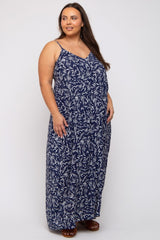 Navy Leaf Print Double V-Neck Plus Maxi Dress