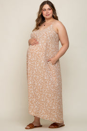 Taupe Leaf Print Double V-Neck Maternity Plus Maxi Dress