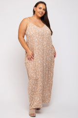 Taupe Leaf Print Double V-Neck Maternity Plus Maxi Dress