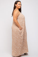 Taupe Leaf Print Double V-Neck Plus Maxi Dress