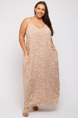 Taupe Leaf Print Double V-Neck Plus Maxi Dress