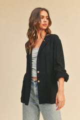 Black Linen Button Maternity Blazer