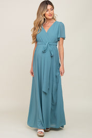 Turquoise Chiffon Short Sleeve Wrap V-Neck Front Slit Maternity Maxi Dress