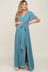 Turquoise Chiffon Short Sleeve Wrap V-Neck Front Slit Maternity Maxi Dress