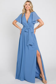 Blue Chiffon Short Sleeve Wrap V-Neck Front Slit Maxi Dress