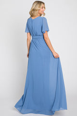 Blue Chiffon Short Sleeve Wrap V-Neck Front Slit Maxi Dress