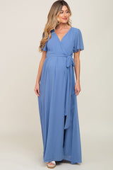 Blue Chiffon Short Sleeve Wrap V-Neck Front Slit Maternity Maxi Dress