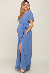 Blue Chiffon Short Sleeve Wrap V-Neck Front Slit Maternity Maxi Dress