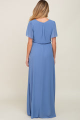 Blue Chiffon Short Sleeve Wrap V-Neck Front Slit Maternity Maxi Dress