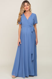 Blue Chiffon Short Sleeve Wrap V-Neck Front Slit Maternity Maxi Dress