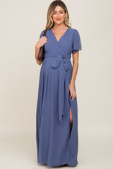 Navy Blue Chiffon Short Sleeve Wrap V-Neck Front Slit Maternity Maxi Dress