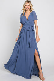 Navy Blue Chiffon Short Sleeve Wrap V-Neck Front Slit Maxi Dress