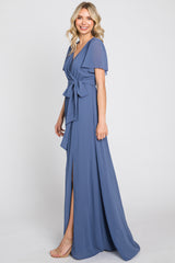 Navy Blue Chiffon Short Sleeve Wrap V-Neck Front Slit Maxi Dress