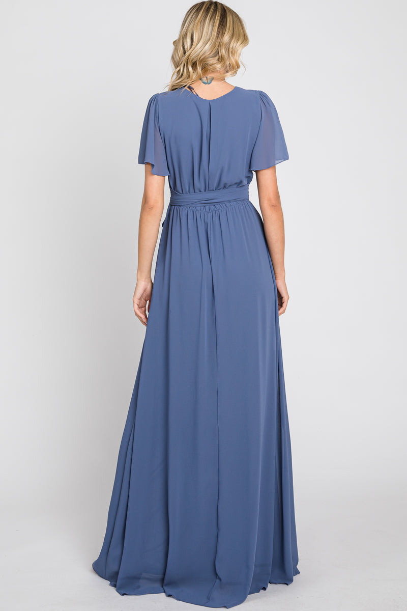 Navy Blue Chiffon Short Sleeve Wrap V-Neck Front Slit Maxi Dress ...