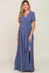 Navy Blue Chiffon Short Sleeve Wrap V-Neck Front Slit Maternity Maxi Dress