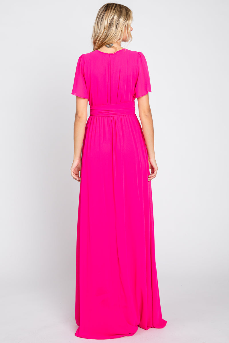 Fuchsia Chiffon Short Sleeve Wrap V Neck Front Slit Maxi Dress Pinkblush