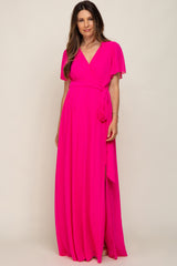 Fuchsia Chiffon Short Sleeve Wrap V-Neck Front Slit Maternity Maxi Dress