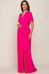 Fuchsia Chiffon Short Sleeve Wrap V-Neck Front Slit Maternity Maxi Dress