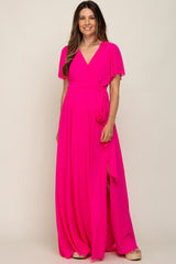 Fuchsia Chiffon Short Sleeve Wrap V-Neck Front Slit Maternity Maxi Dress