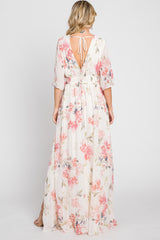 Pink Floral Chiffon Double V-Neck Smocked Waist Front Slit Maxi Dress