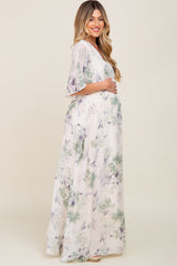 Mint Green Floral Chiffon Double V-Neck Smocked Waist Front Slit Maternity Maxi Dress