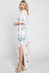 Blue Floral Double V-Neck Dolman Short Sleeve Side Slit Maxi Dress