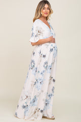 Blue Floral Double V-Neck Dolman Short Sleeve Side Slit Maternity Maxi Dress