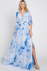 Blue Rose Floral Chiffon Double V-Neck Smocked Waist Front Slit Maxi