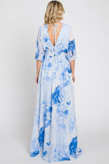 Blue Rose Floral Chiffon Double V-Neck Smocked Waist Front Slit Maxi