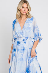 Blue Rose Floral Chiffon Double V-Neck Smocked Waist Front Slit Maxi