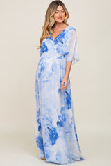 Blue Rose Floral Chiffon Double V-Neck Smocked Waist Front Slit Maternity Maxi