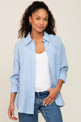 Blue Button Up Collared Maternity Top