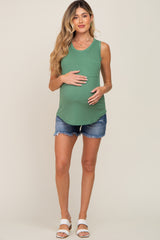 Green Ribbed Front Pocket Maternity Tank