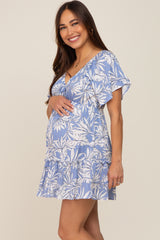 Periwinkle Palm Print Short Sleeve Ruffle Maternity Dress