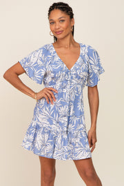 Periwinkle Palm Print Short Sleeve Ruffle Dress