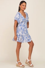 Periwinkle Palm Print Short Sleeve Ruffle Dress