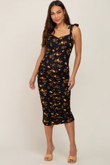 Black Floral Ruched Shoulder Tie Maternity Midi Dress