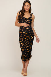 Black Floral Ruched Shoulder Tie Maternity Midi Dress