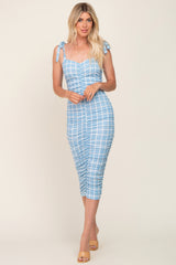 Light Blue Windowpane Ruched Shoulder Tie Midi Dress