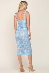 Light Blue Windowpane Ruched Shoulder Tie Midi Dress