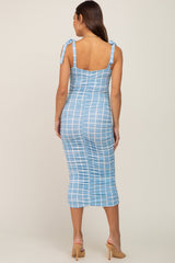 Light Blue Windowpane Ruched Shoulder Tie Maternity Midi Dress