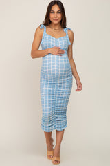 Light Blue Windowpane Ruched Shoulder Tie Maternity Midi Dress