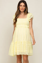 Yellow Striped Trim Layered Flounce Sleeve Maternity Dress