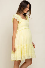 Yellow Striped Trim Layered Flounce Sleeve Maternity Dress